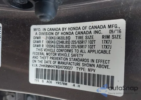 2016 Honda Cr-V Ex-L from USA, damaged, VIN 2HKRM4H7XGH700027
